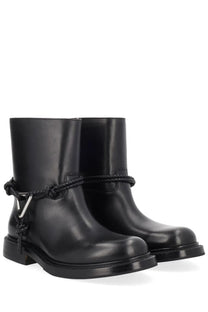 Bottega Veneta women’s black leather ankle boots with braided rope strap and silver metal buckle