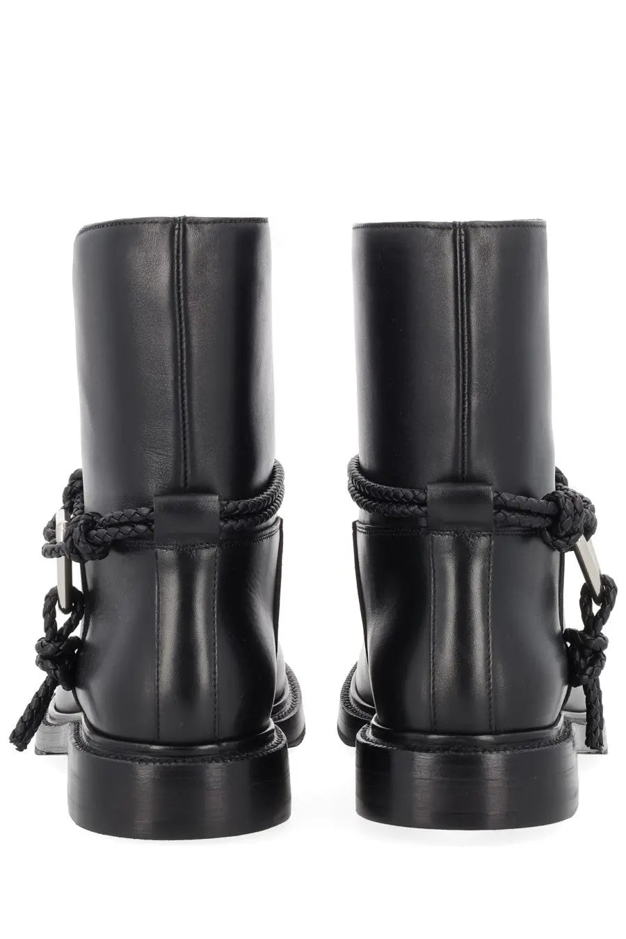 Bottega Veneta women’s black leather ankle boots with braided rope detailing and metal hardware