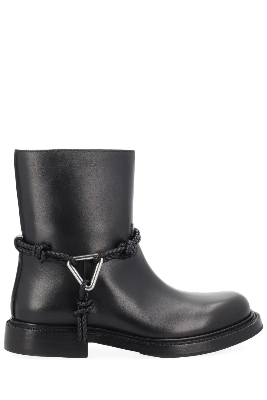 Bottega Veneta women’s black leather ankle boot with braided rope detail and silver triangular buckle front view