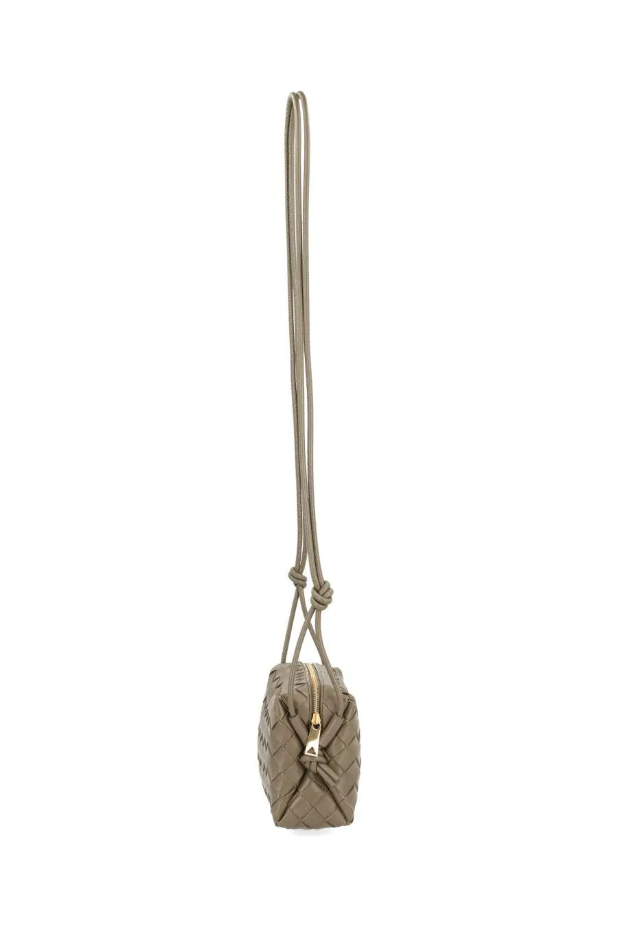Bottega Veneta women’s camera bag loop mini beige taupe intrecciato woven crossbody with gold-tone zipper pull
