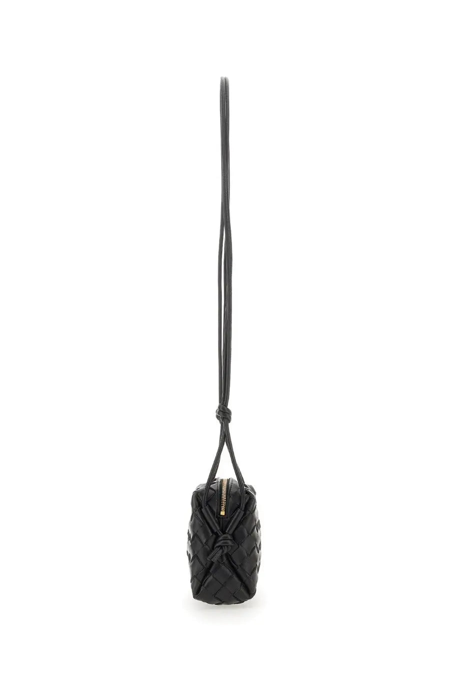 Bottega Veneta women’s black woven leather camera bag loop mini crossbody with knotted strap and gold-tone zipper