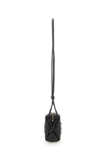 Bottega Veneta women’s black woven leather camera bag loop mini crossbody with knotted strap and gold-tone zipper