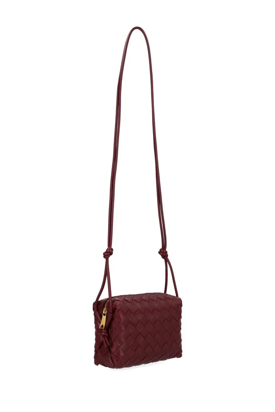 Bottega Veneta women’s camera bag loop mini in burgundy intrecciato leather with gold-tone hardware and long shoulder strap