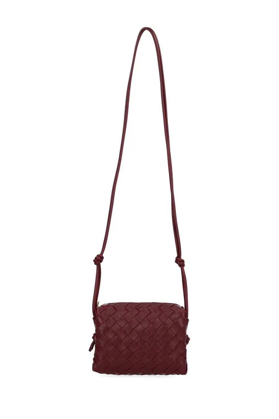 Bottega Veneta women’s camera bag loop mini in burgundy woven leather with a long adjustable crossbody strap
