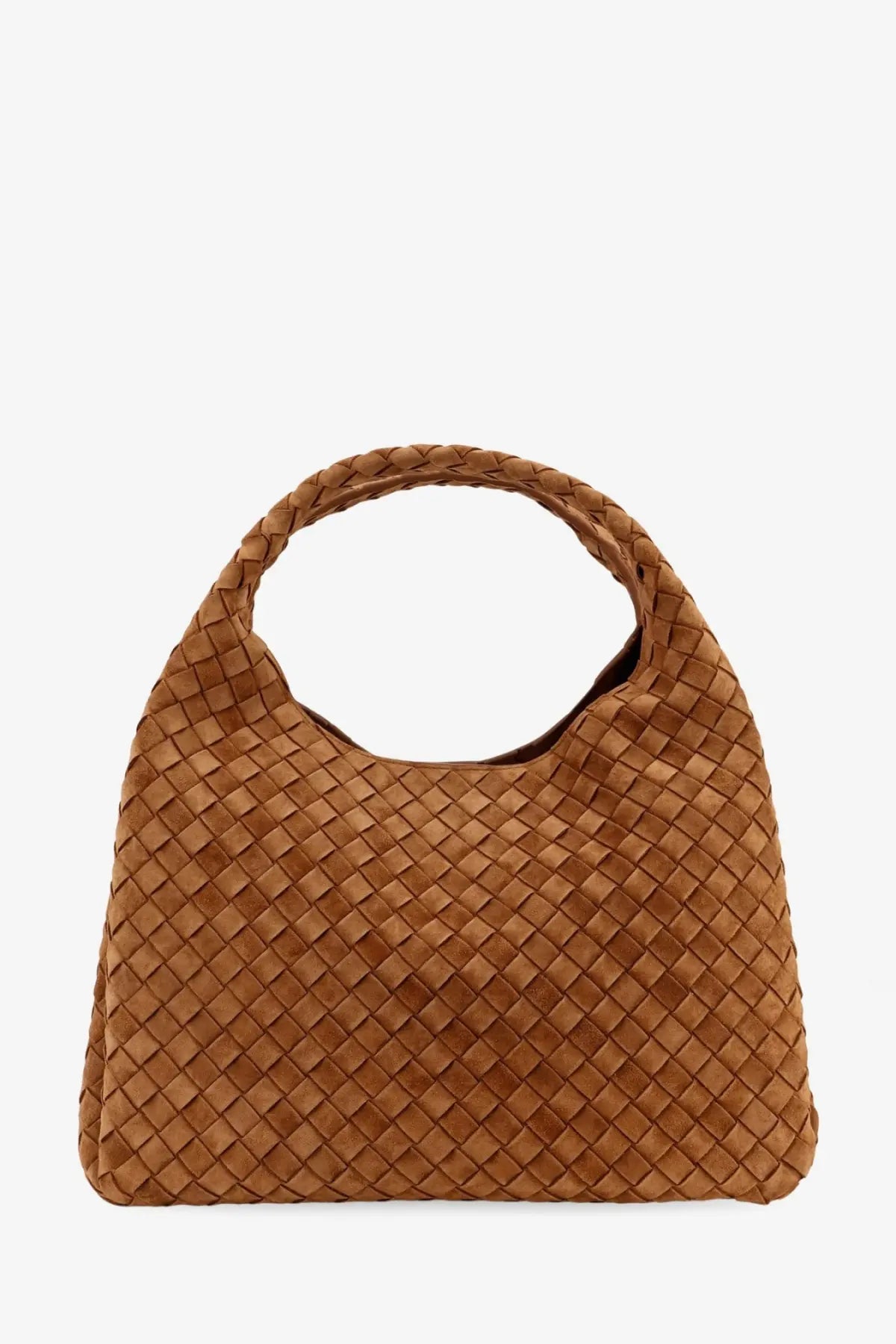 Tan woven leather hobo bag with diamond-patterned weave and rounded handles by bottega veneta