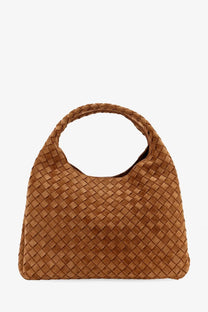 Tan woven leather hobo bag with diamond-patterned weave and rounded handles by bottega veneta
