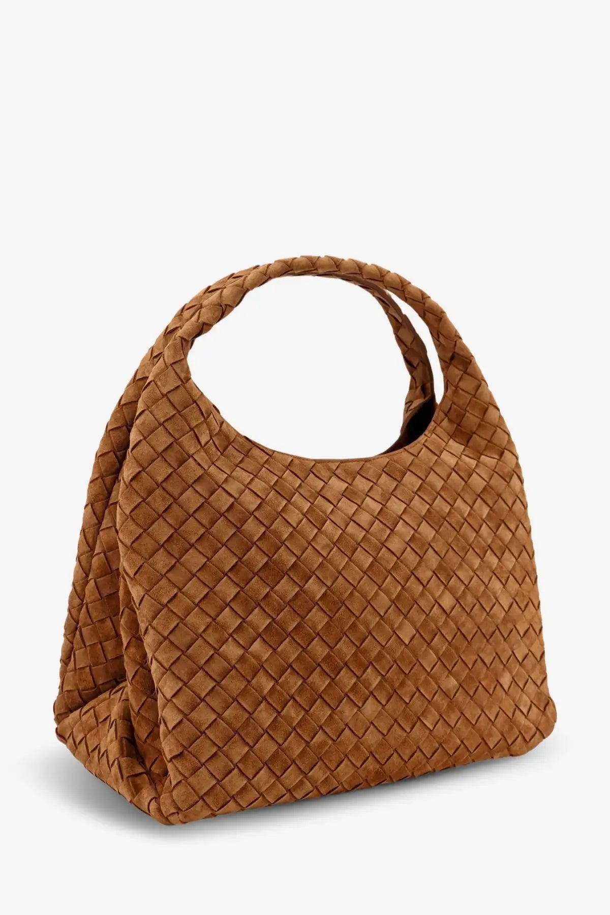 Bottega Veneta women’s campana large tan suede shoulder bag with woven diamond-patterned texture and rounded handles