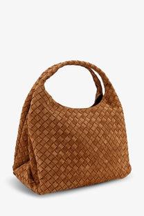 Bottega Veneta women’s campana large tan suede shoulder bag with woven diamond-patterned texture and rounded handles