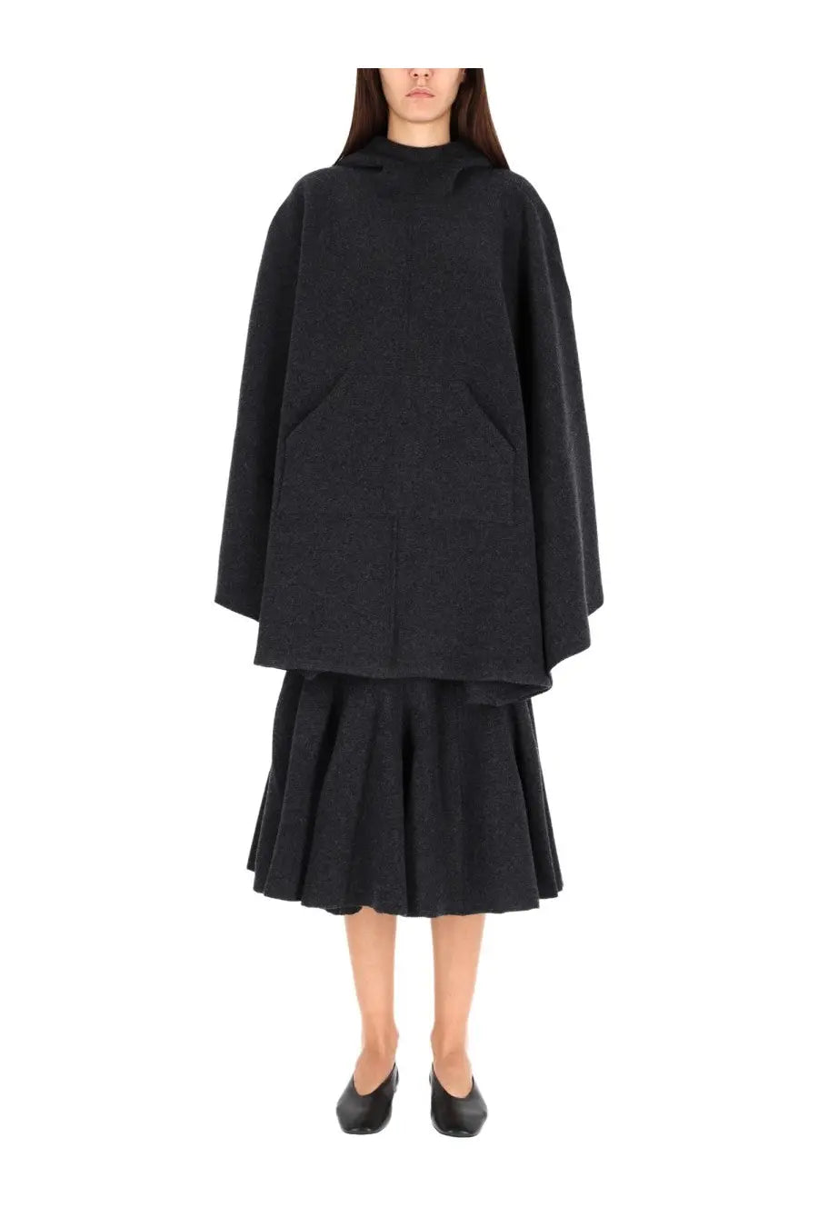 Black oversized hooded coat with wide sleeves and front pockets in cashmere by bottega veneta