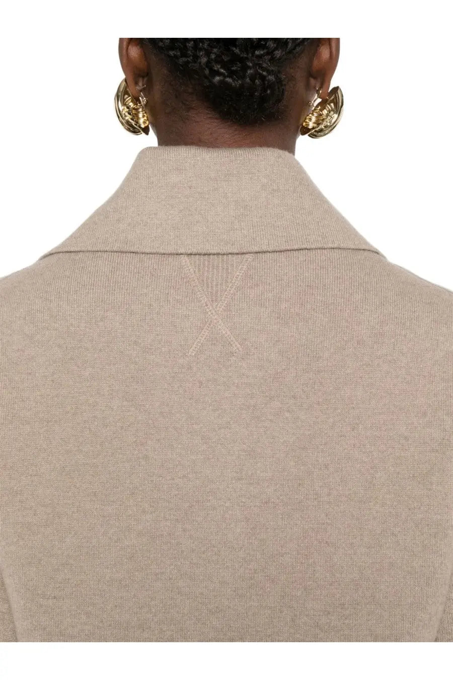 Beige knit blazer with structured collar and subtle x-shaped stitching at the back by bottega veneta
