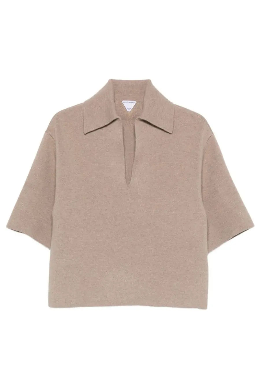 Bottega Veneta women’s beige cashmere knit polo shirt with short sleeves and a collar for stylish comfort