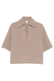 Bottega Veneta women’s beige cashmere knit polo shirt with short sleeves and a collar for stylish comfort