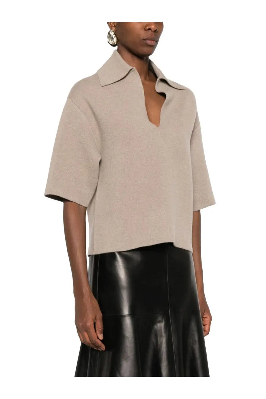 Beige short-sleeved cashmere polo shirt with collar and keyhole neckline by bottega veneta for women