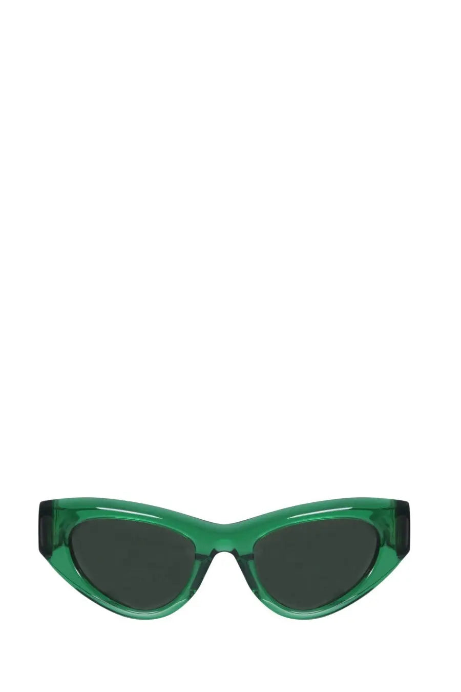 Bottega Veneta women’s cat eye sunglasses with emerald green translucent frames and dark gray lenses