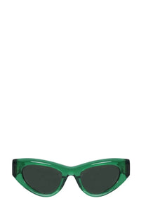 Bottega Veneta women’s cat eye sunglasses with emerald green translucent frames and dark gray lenses