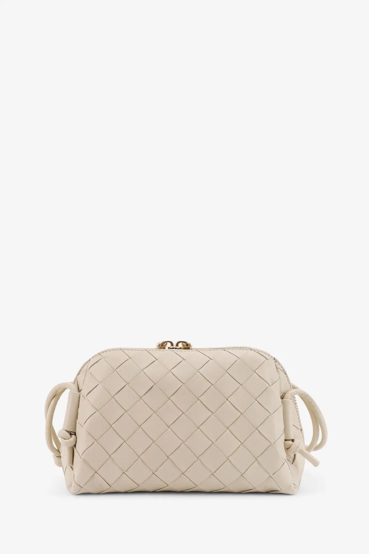Beige woven leather clutch with gold-tone hardware and adjustable shoulder strap by bottega veneta