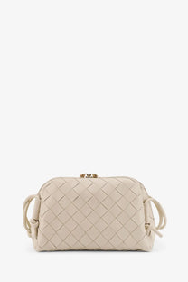 Beige woven leather clutch with gold-tone hardware and adjustable shoulder strap by bottega veneta