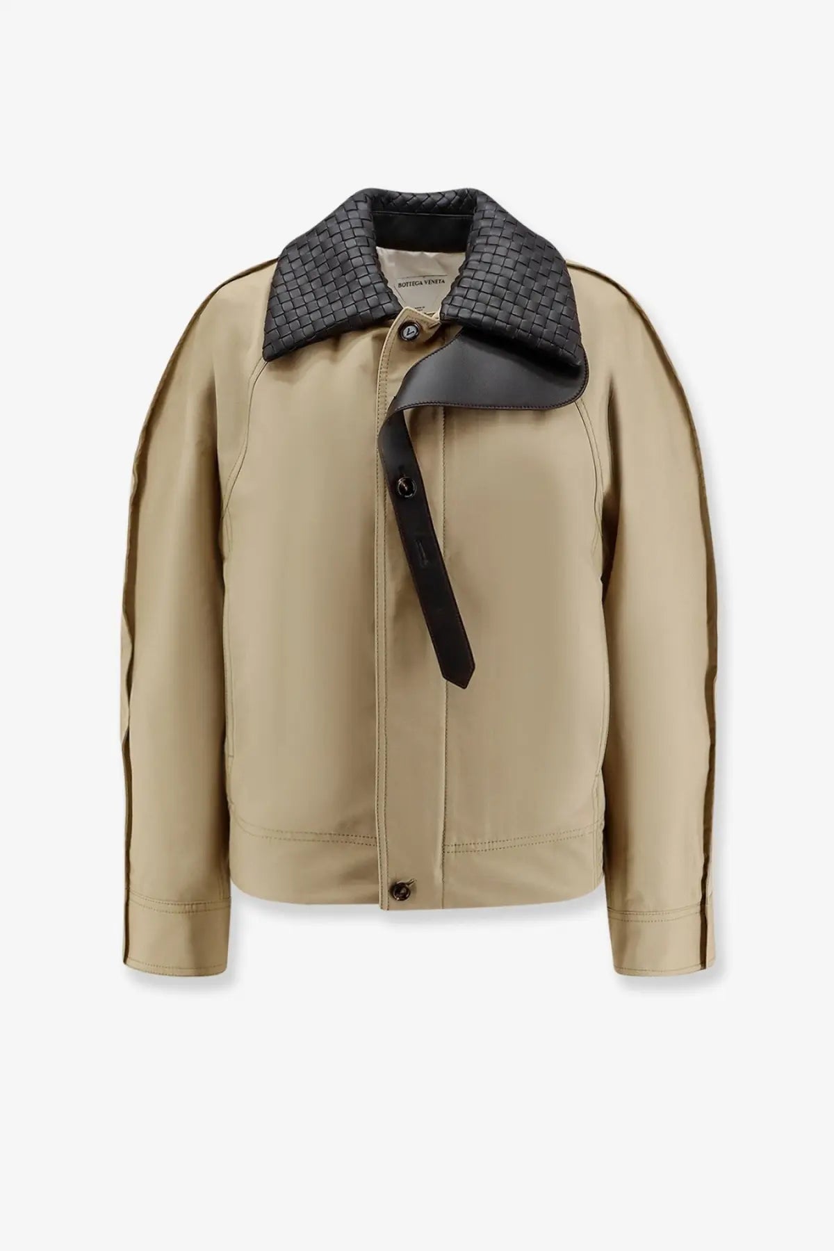 Beige bottega veneta women’s cotton jacket sahara with black woven leather collar and matching strap detail