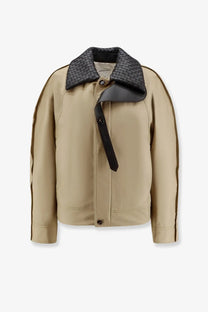 Beige bottega veneta women’s cotton jacket sahara with black woven leather collar and matching strap detail