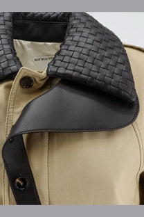 Black woven leather collar on beige bottega veneta women’s cotton jacket sahara trench coat