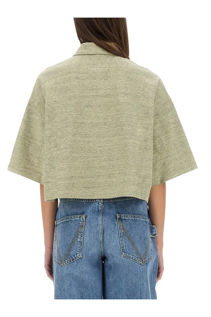 A soft heathered olive green cropped cardigan with relaxed fit and short sleeves by bottega veneta