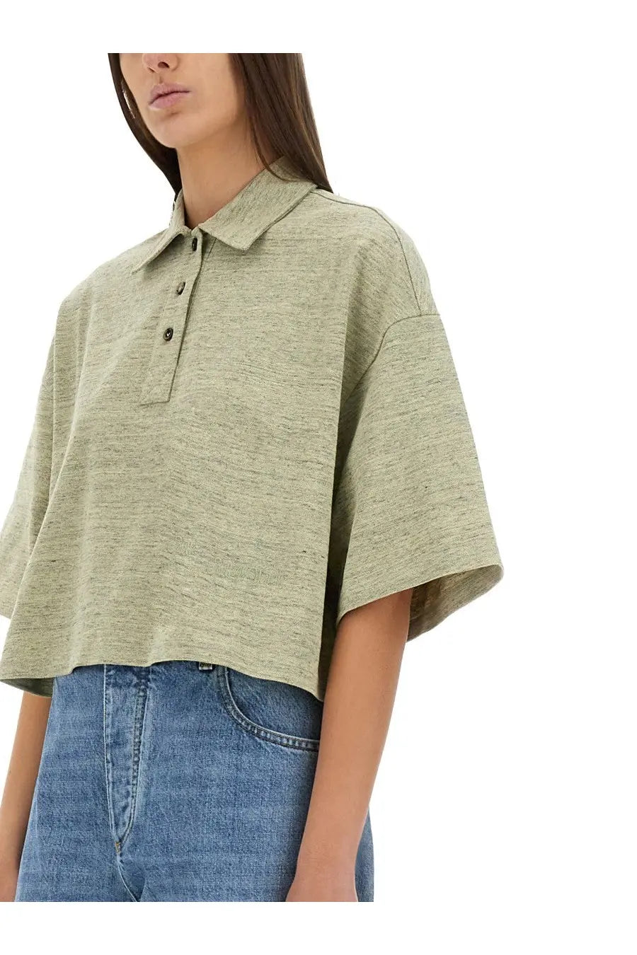 Bottega Veneta women’s cotton pique polo shirt in soft heathered sage green with classic collar and button placket