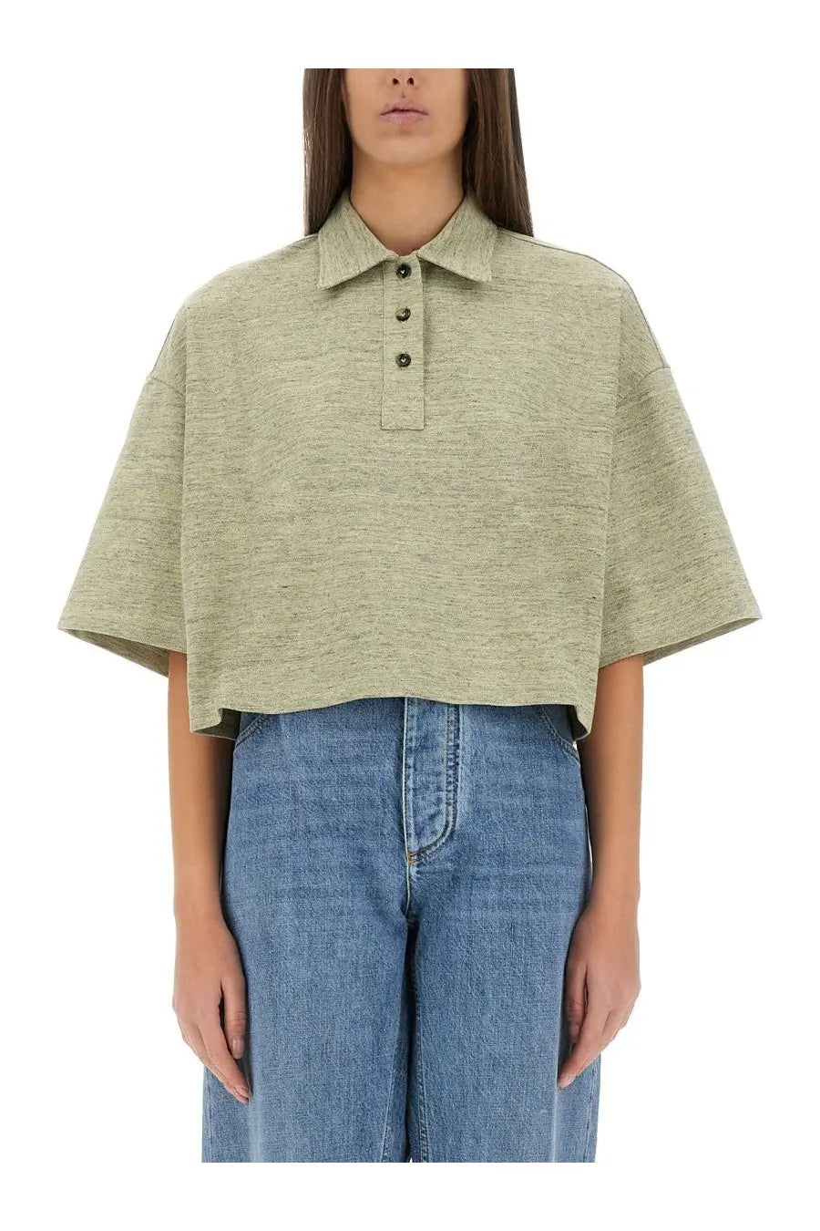 Bottega Veneta women’s cotton pique polo shirt in soft heathered olive green with a relaxed fit and cropped short sleeves