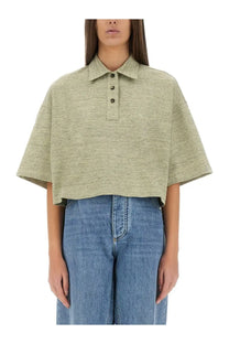 Bottega Veneta women’s cotton pique polo shirt in soft heathered olive green with a relaxed fit and cropped short sleeves