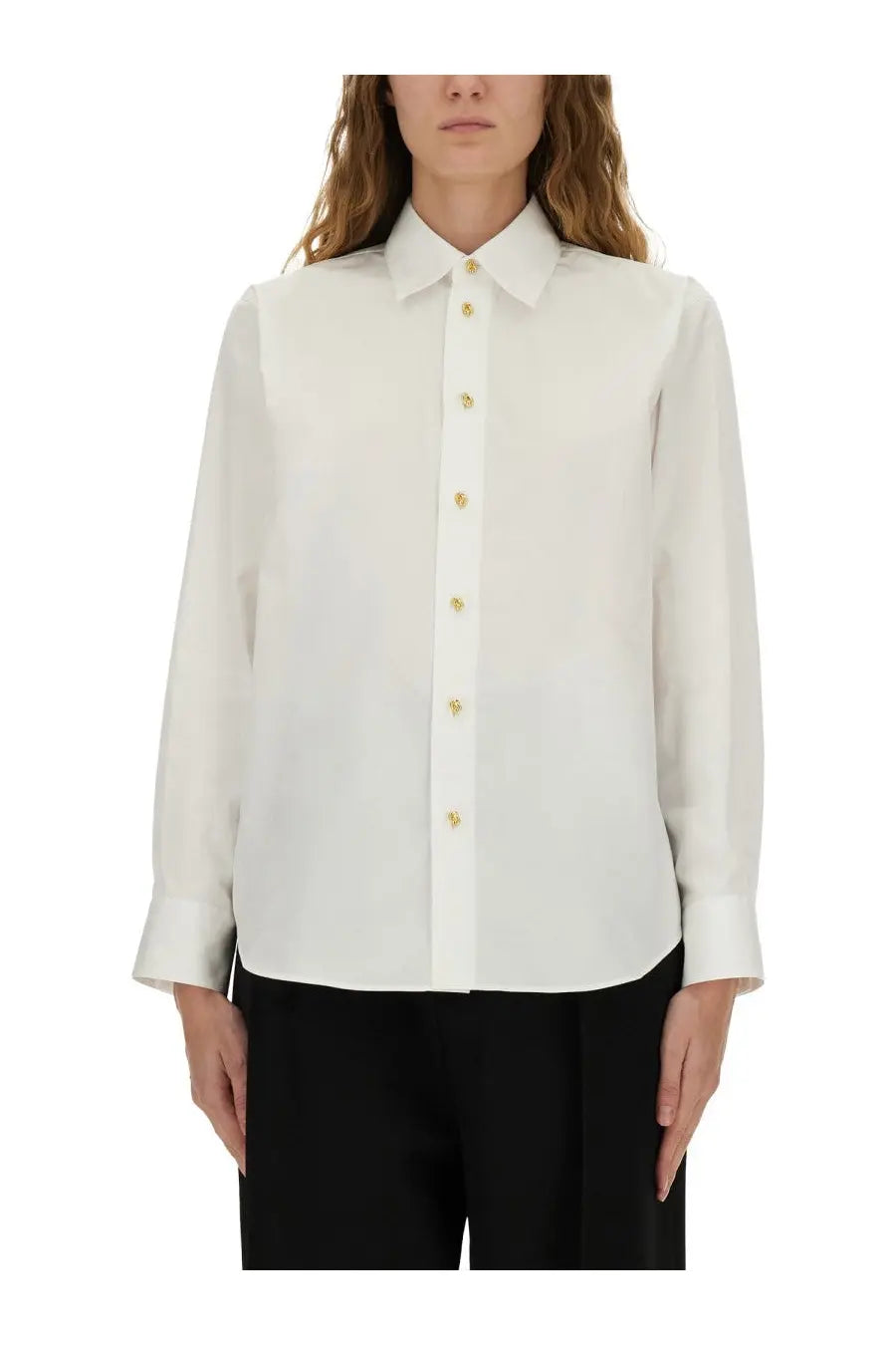 A crisp white cotton poplin blouse with gold buttons and classic collar by Bottega Veneta for women