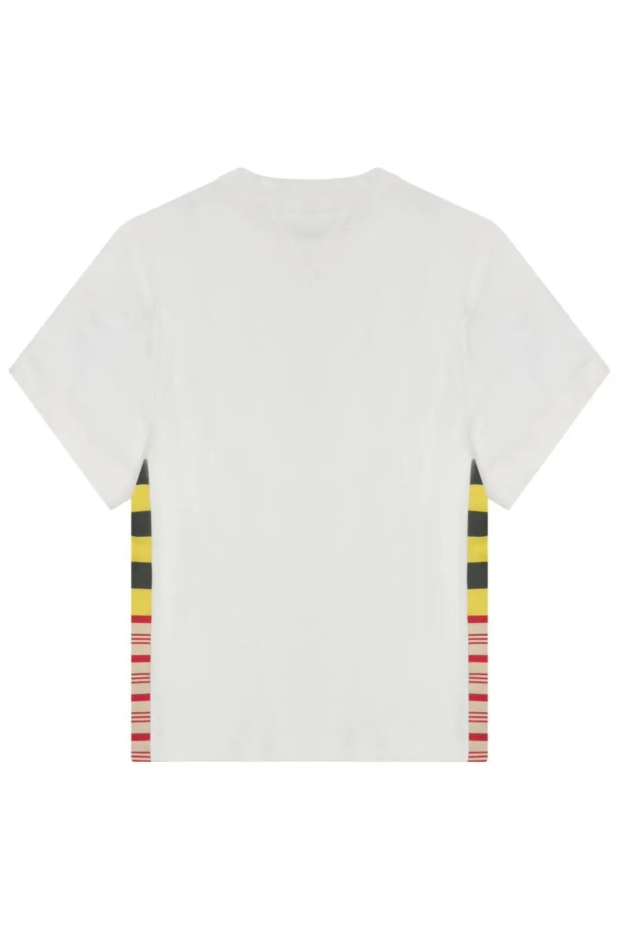 Bottega Veneta women’s grey cotton t-shirt with white short sleeves and colorful striped side panels