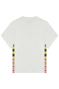 Bottega Veneta women’s grey cotton t-shirt with white short sleeves and colorful striped side panels
