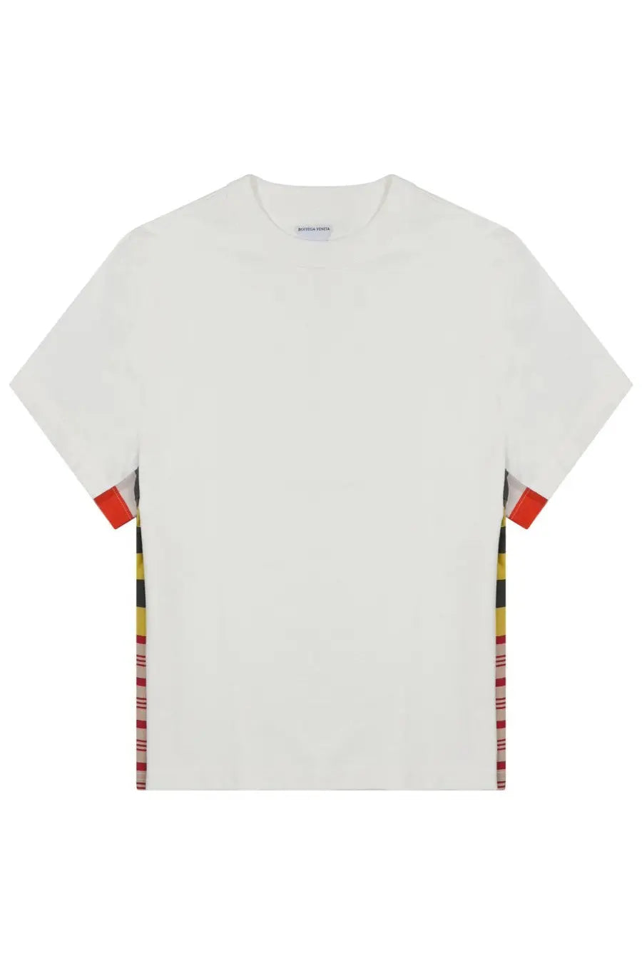 Bottega Veneta women’s grey cotton shirt with white short sleeves and colorful plaid trim on sides and cuffs