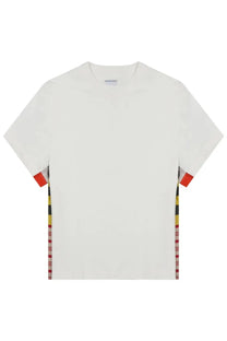 Bottega Veneta women’s grey cotton shirt with white short sleeves and colorful plaid trim on sides and cuffs