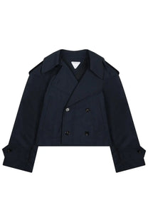 Bottega Veneta women’s black cotton double-breasted trench coat with structured shoulders and matte buttons