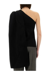 Black one shoulder crepe top by bottega veneta with draped fabric and structured asymmetrical design for women