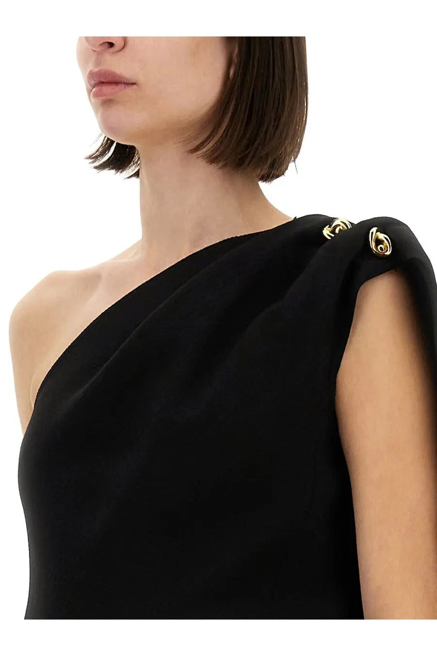 Black one-shoulder crepe top by bottega veneta with gold-toned decorative buttons on shoulder
