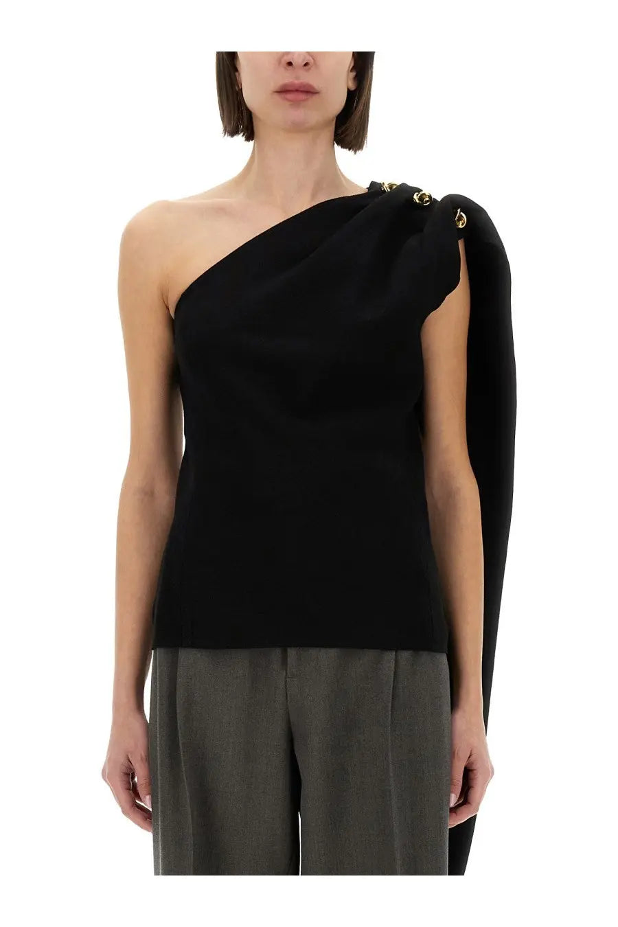 Black one-shoulder crepe top with gold-tone button detailing by bottega veneta for women