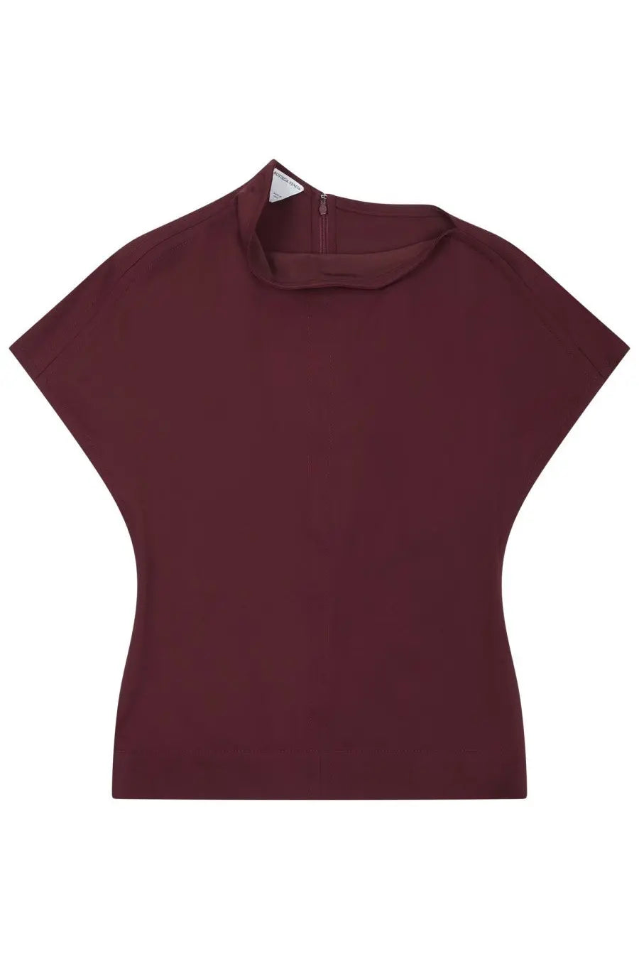 A sleek burgundy high neckline short sleeve draped top for women by Bottega Veneta in red fabric