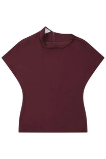 A sleek burgundy high neckline short sleeve draped top for women by Bottega Veneta in red fabric