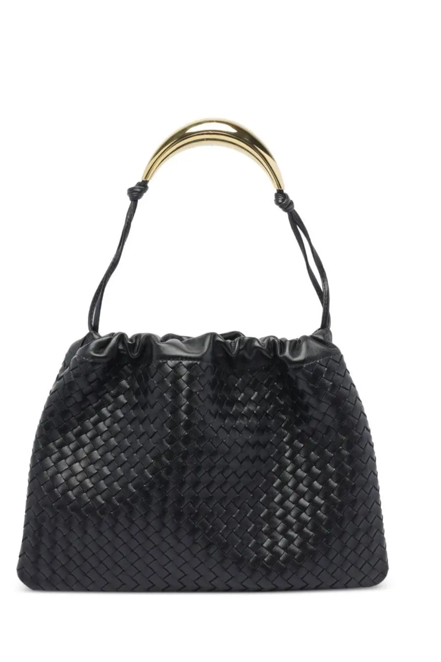 Bottega Veneta women’s dustbag bag black woven leather handbag with gold-tone circular handle visible from the front