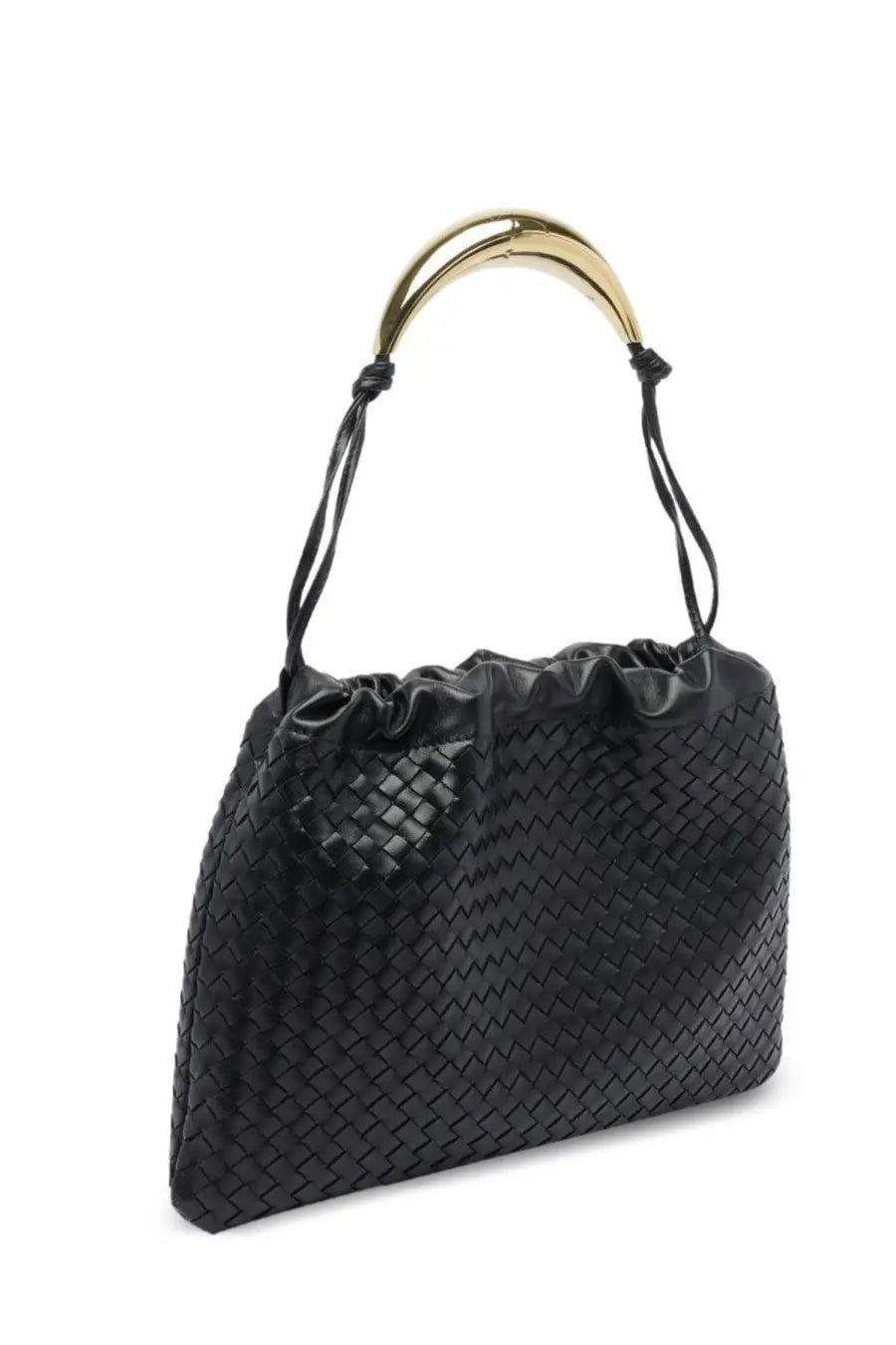 Bottega Veneta women’s dustbag bag black woven leather handbag with gold-tone curved handle