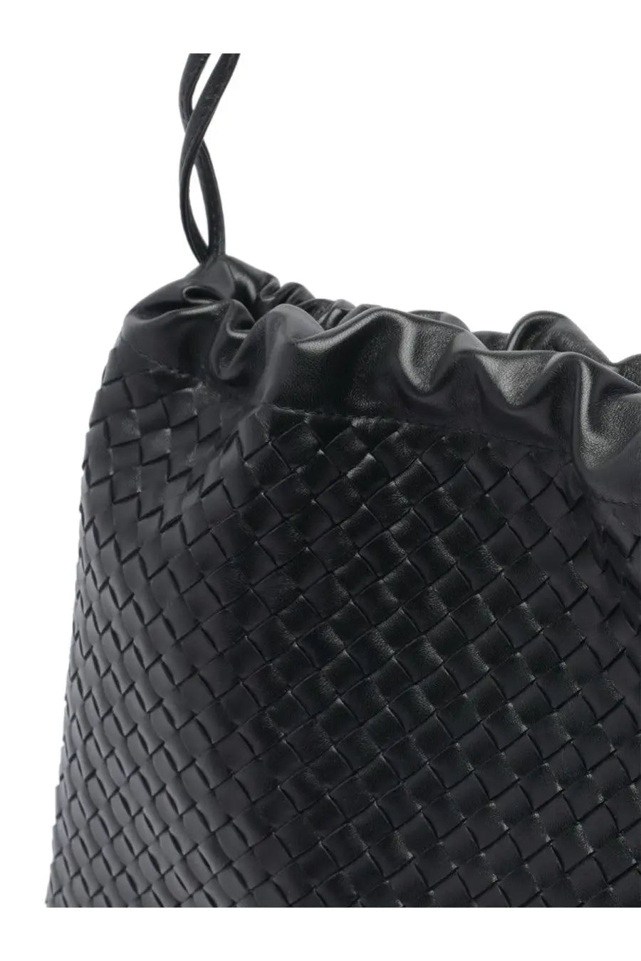 Bottega Veneta women’s dustbag bag in black woven leather with a sleek textured pattern and smooth gathered top