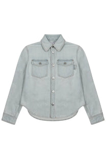 Bottega Veneta women’s extra bleach denim shirt blue with silver buttons and two chest pockets in light blue denim