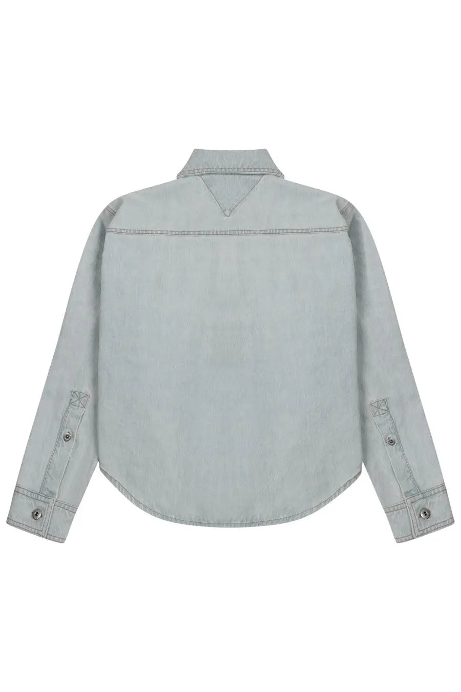 Bottega Veneta women’s extra bleach denim shirt in light blue with classic collar and buttoned cuffs