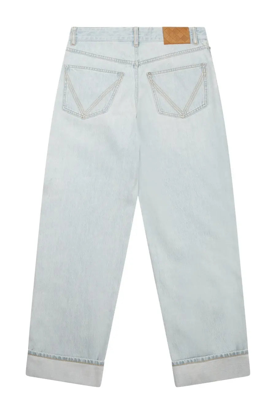 Bottega Veneta women’s light-wash denim jeans with relaxed fit, rolled cuffs, and subtle stitching details