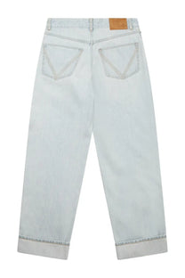 Bottega Veneta women’s light-wash denim jeans with relaxed fit, rolled cuffs, and subtle stitching details