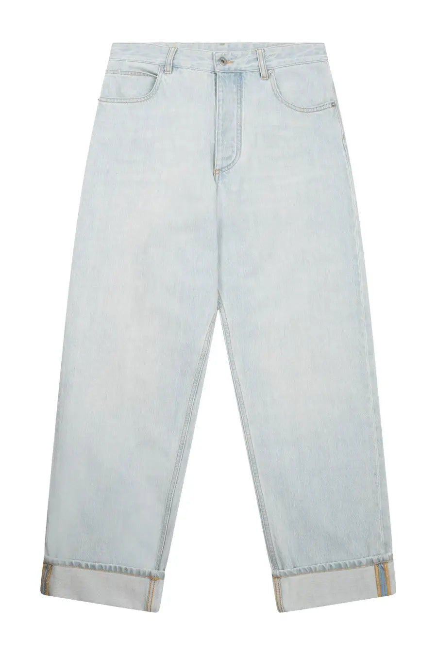 Bottega Veneta women’s extra bleach light-wash denim jeans with relaxed wide-leg cut and rolled cuffs in blue