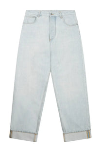 Bottega Veneta women’s extra bleach light-wash denim jeans with relaxed wide-leg cut and rolled cuffs in blue