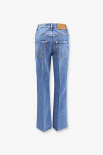 Bottega Veneta women’s blue cotton flared jeans with straight leg cut and brown leather patch on waistband back side