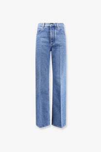 Bottega Veneta women’s flared cotton jeans in blue with high-waisted straight-leg design and classic button closure